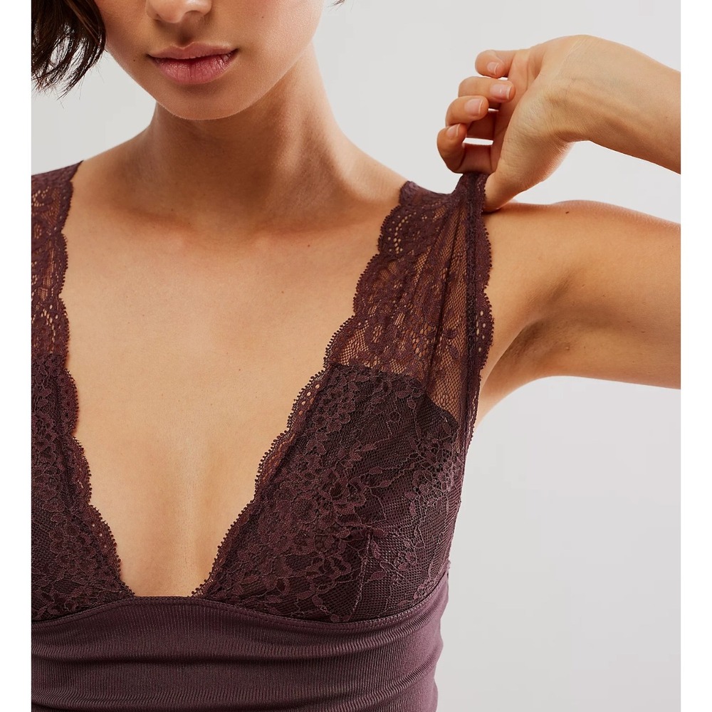 NWT Intimately Free People Lace Cami Top Plunge Low Back Ribbed Bodice Cocoa M - Picture 2 of 8